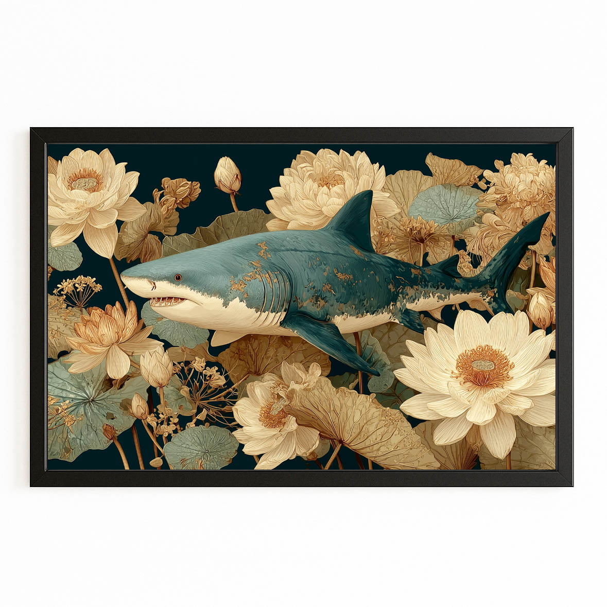 Lotus Blossom Vintage Shark Canvas – with Premium Black frame on white background