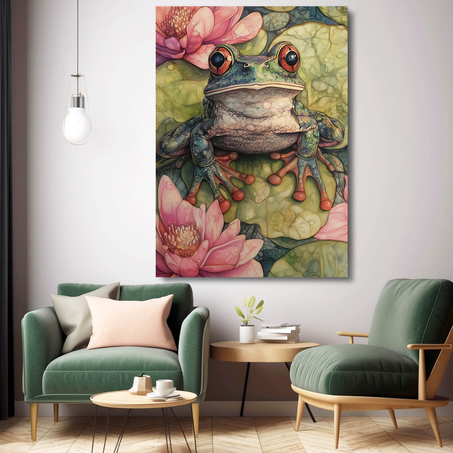 Lotus Pond Watercolor Frog Wall Art – styled in a furnished interior