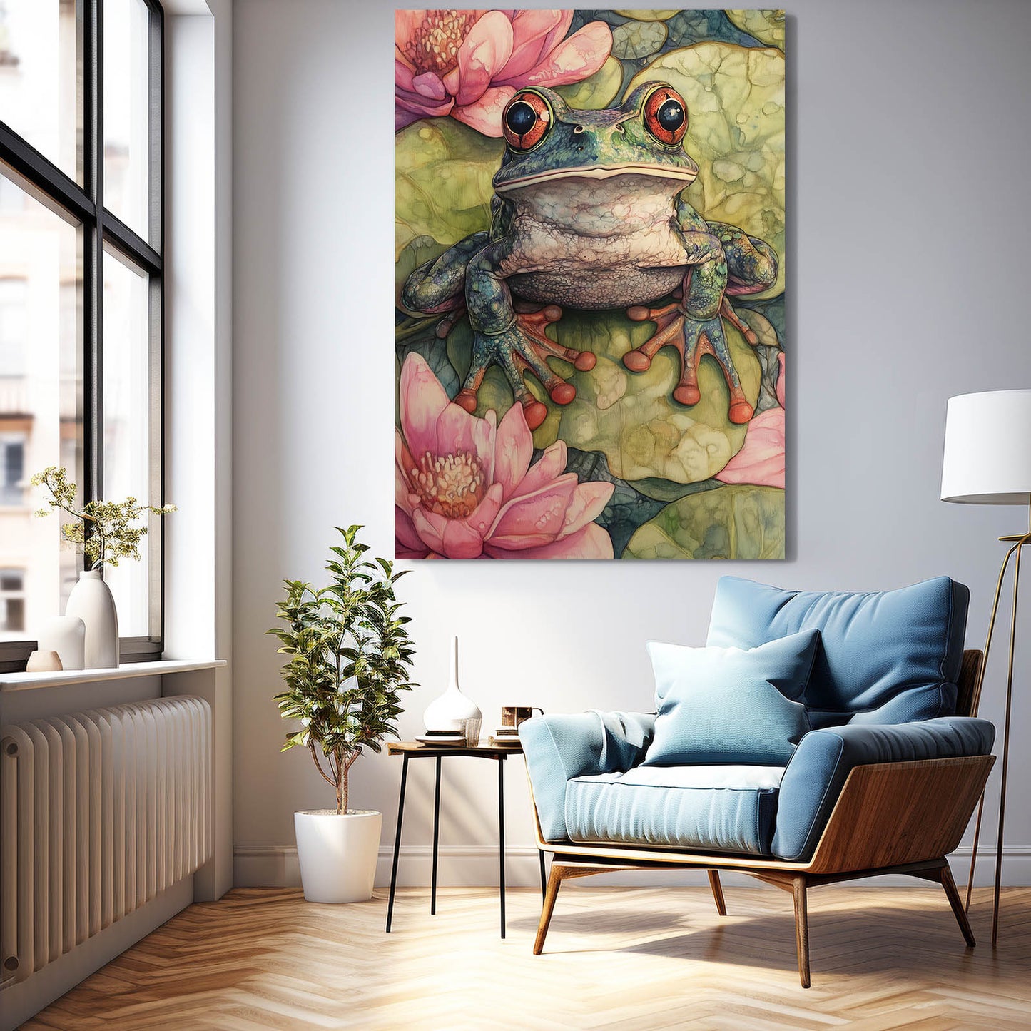 Lotus Pond Watercolor Frog Wall Art – styled in a furnished interior