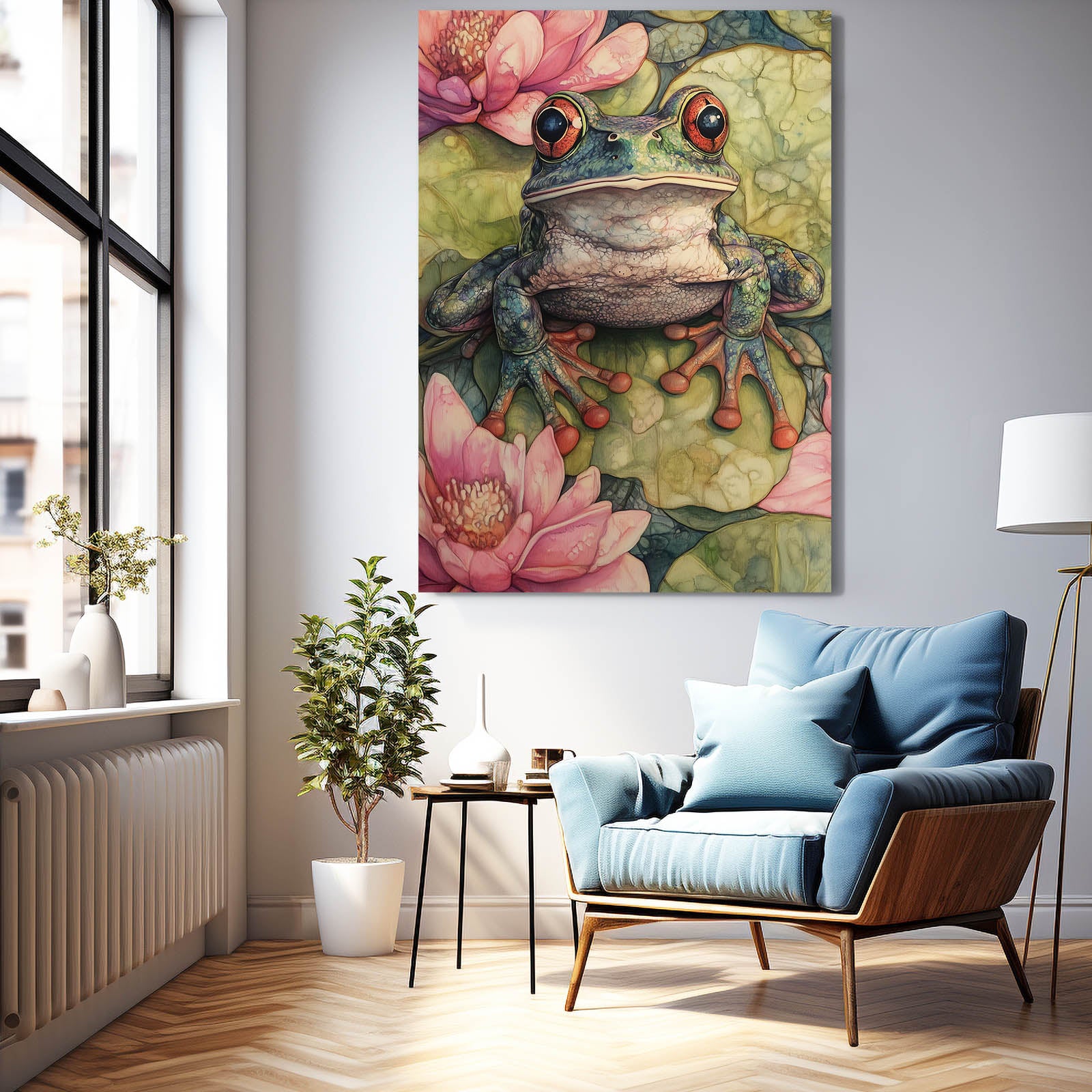 Lotus Pond Watercolor Frog Wall Art – styled in a furnished interior