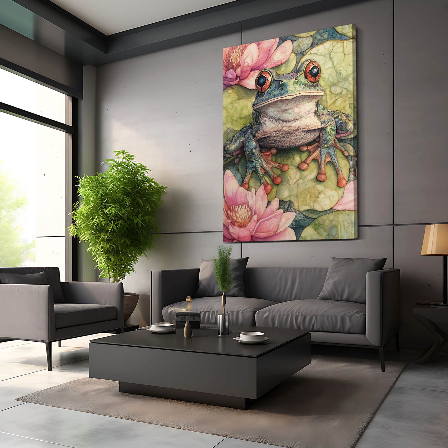 Lotus Pond Watercolor Frog Wall Art – styled in a furnished interior