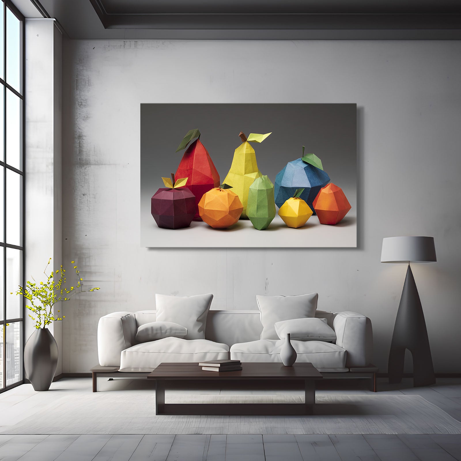 Low Poly Fruit Still Wall Art – styled in a furnished interior