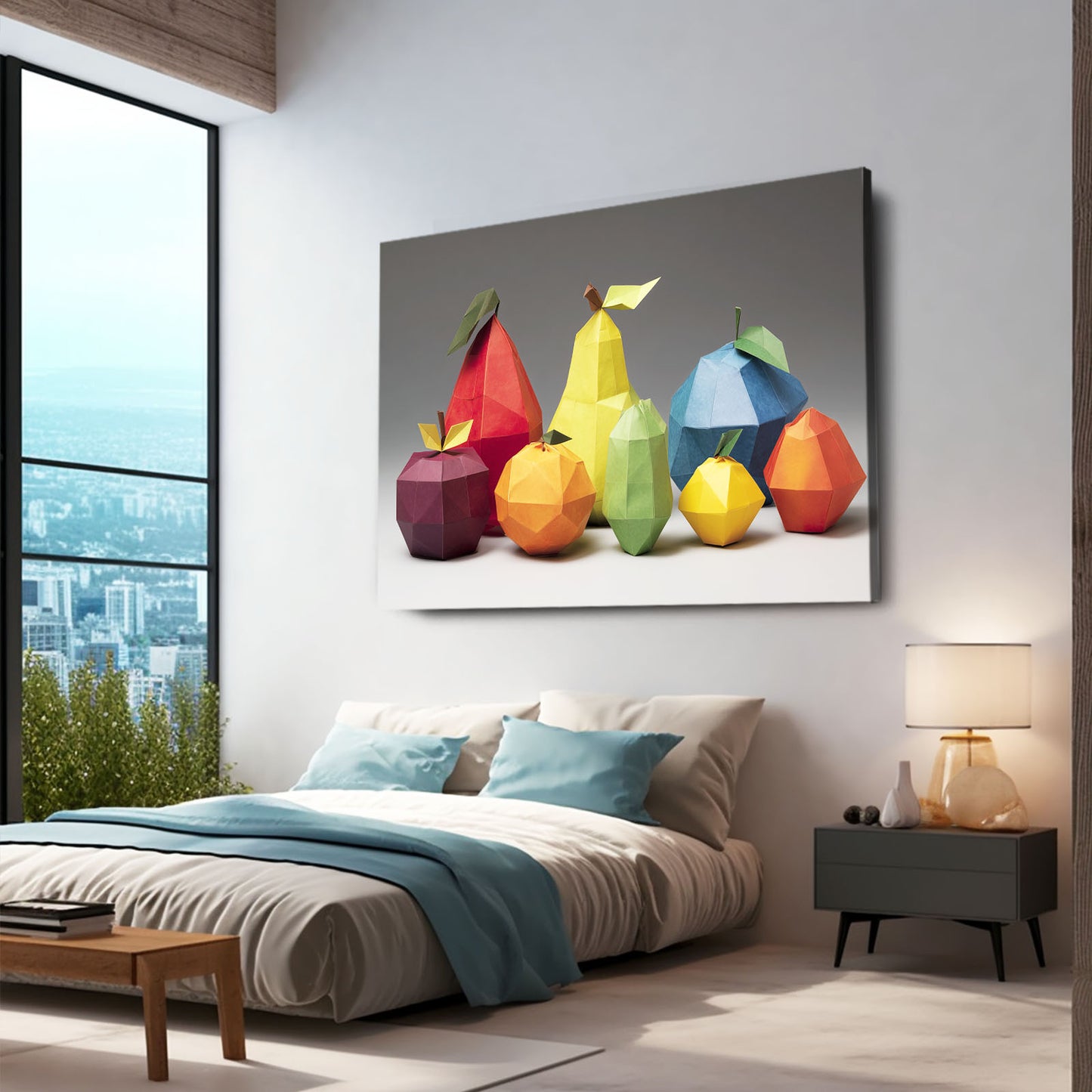 Low Poly Fruit Still Wall Art – styled in a furnished interior
