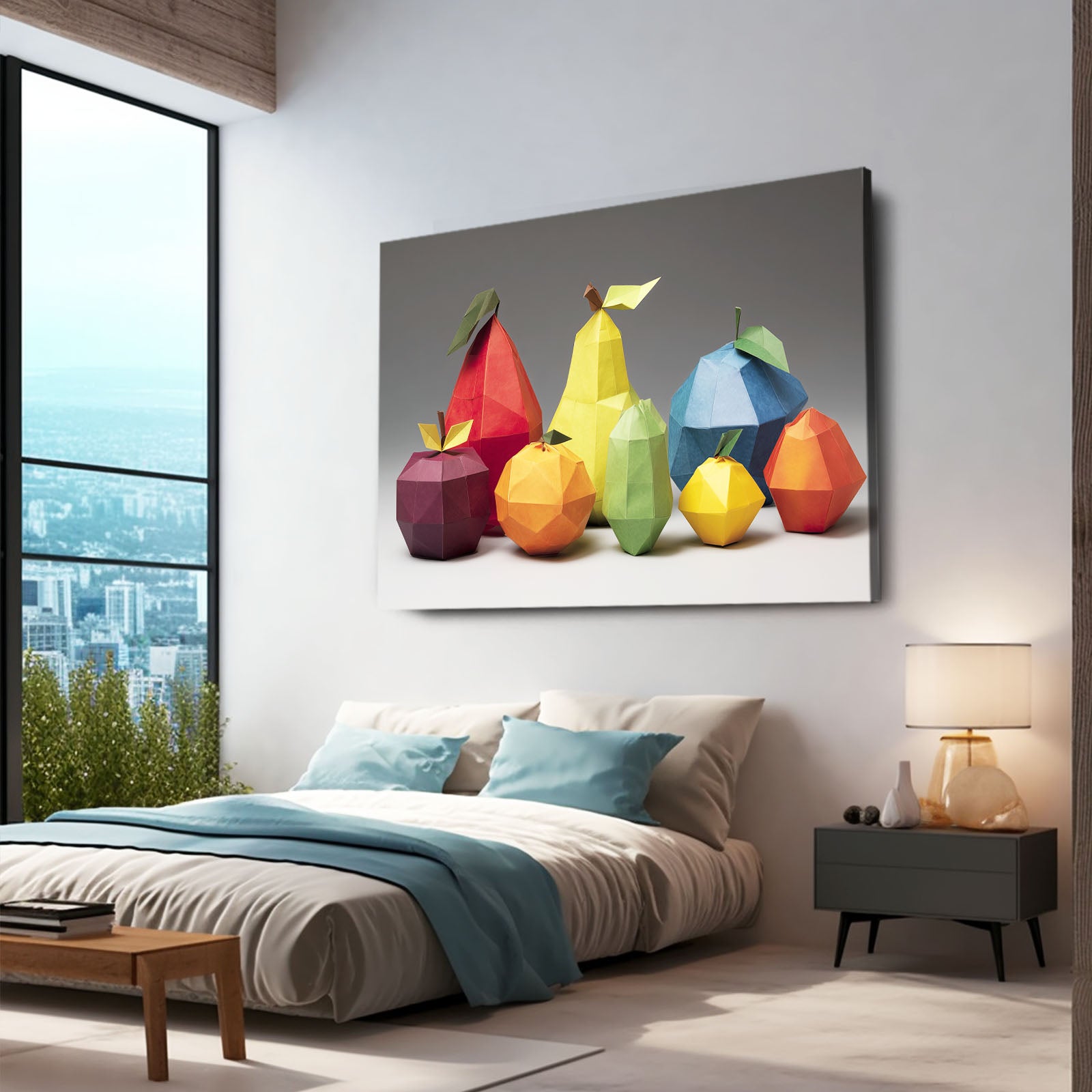 Low Poly Fruit Still Wall Art – styled in a furnished interior