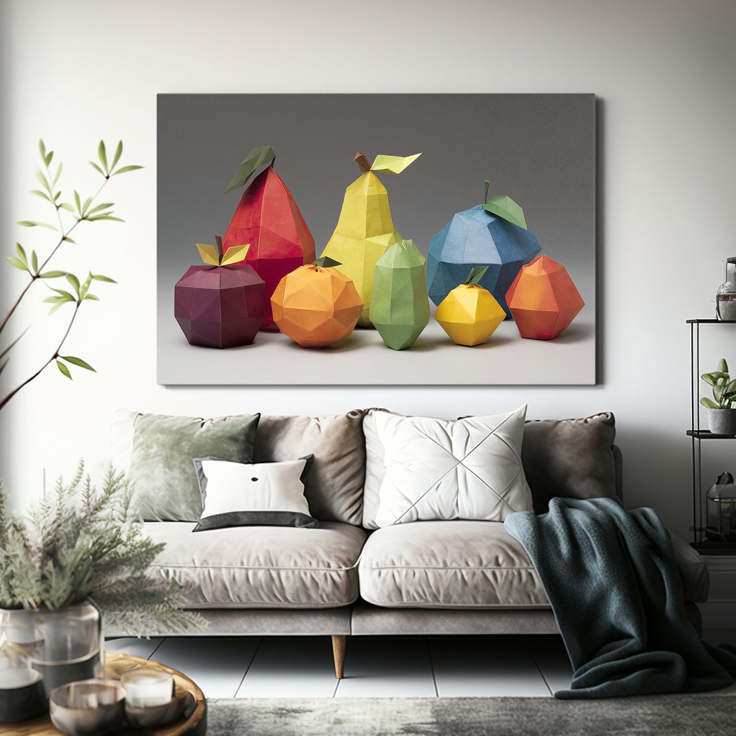 Low Poly Fruit Still Wall Art – styled in a furnished interior
