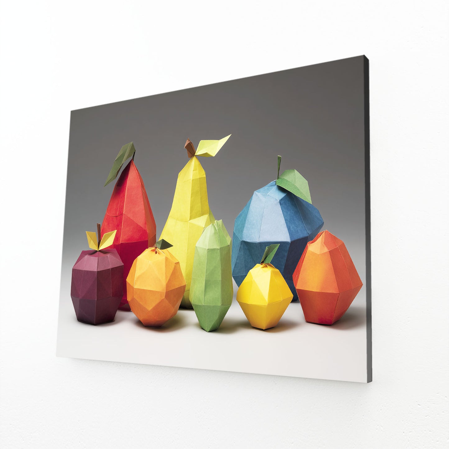 Low Poly Fruit Still Wall Art – angled canvas view on white background