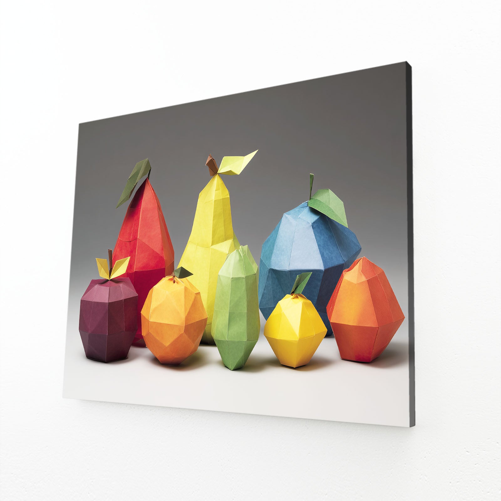 Low Poly Fruit Still Wall Art – angled canvas view on white background