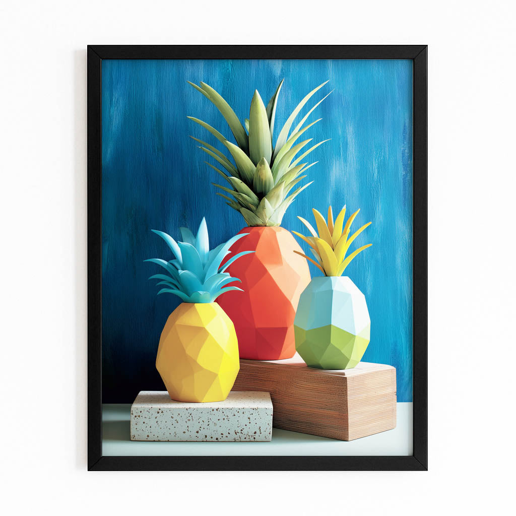 Low Poly Pineapples Fruit Canvas Art – with Premium Black frame on white background