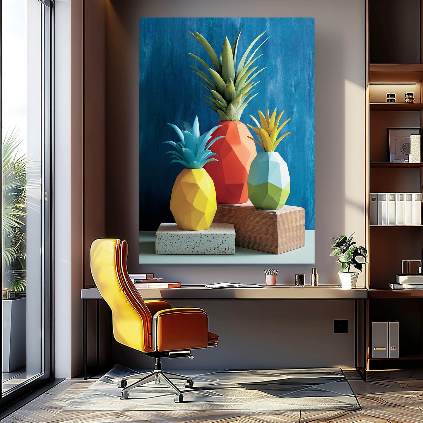 Low Poly Pineapples Fruit Canvas Art – styled in a furnished interior