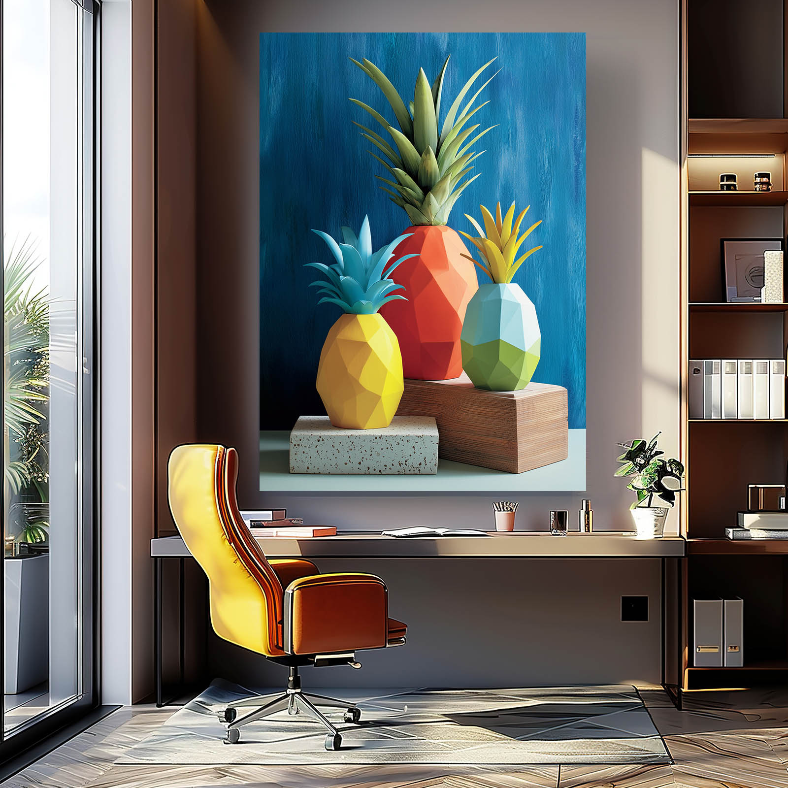 Low Poly Pineapples Fruit Canvas Art – styled in a furnished interior