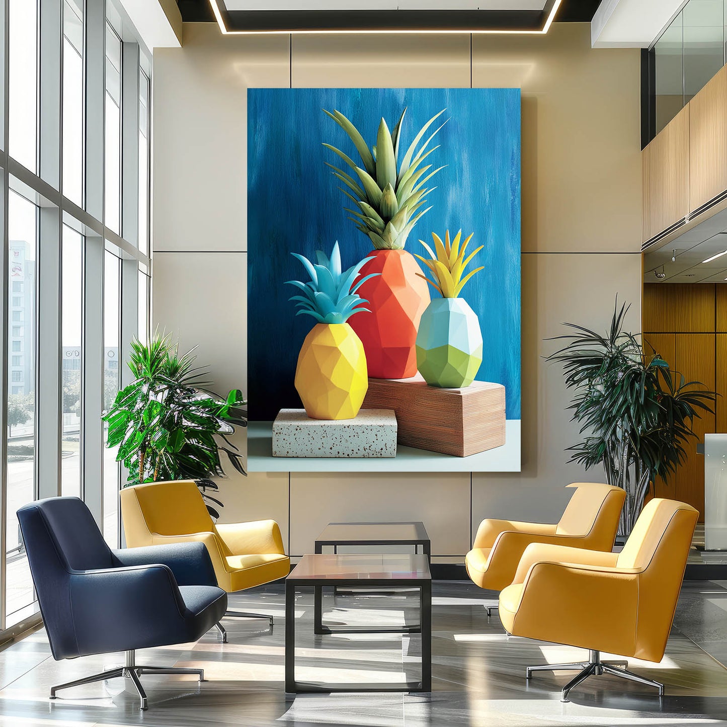 Low Poly Pineapples Fruit Canvas Art – styled in a furnished interior