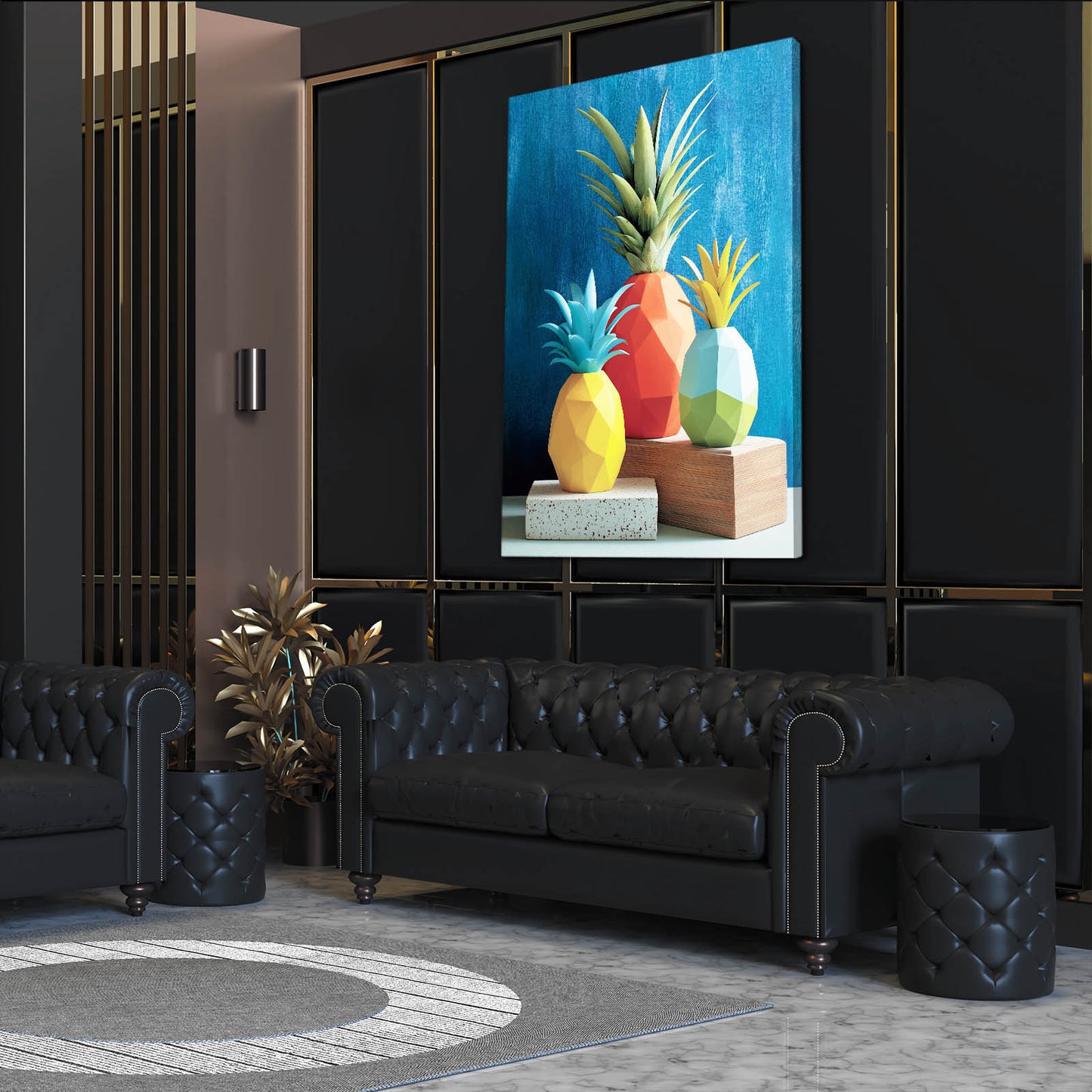 Low Poly Pineapples Fruit Canvas Art – styled in a furnished interior