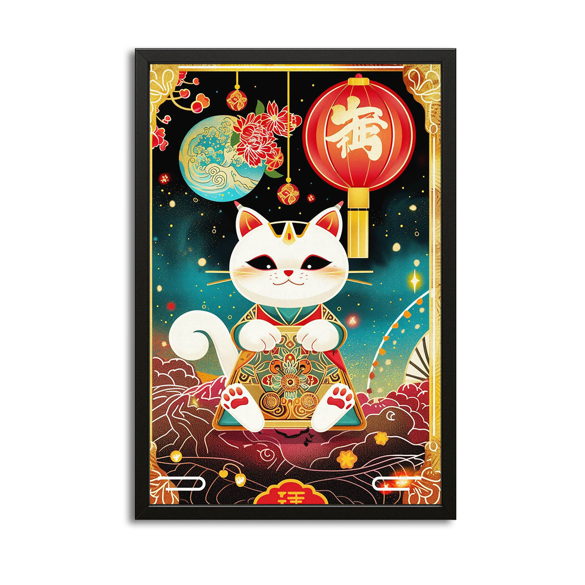 Lucky Charm Cat Wall Art — japanese art canvas print in orange tones, with Premium Black frame on white background