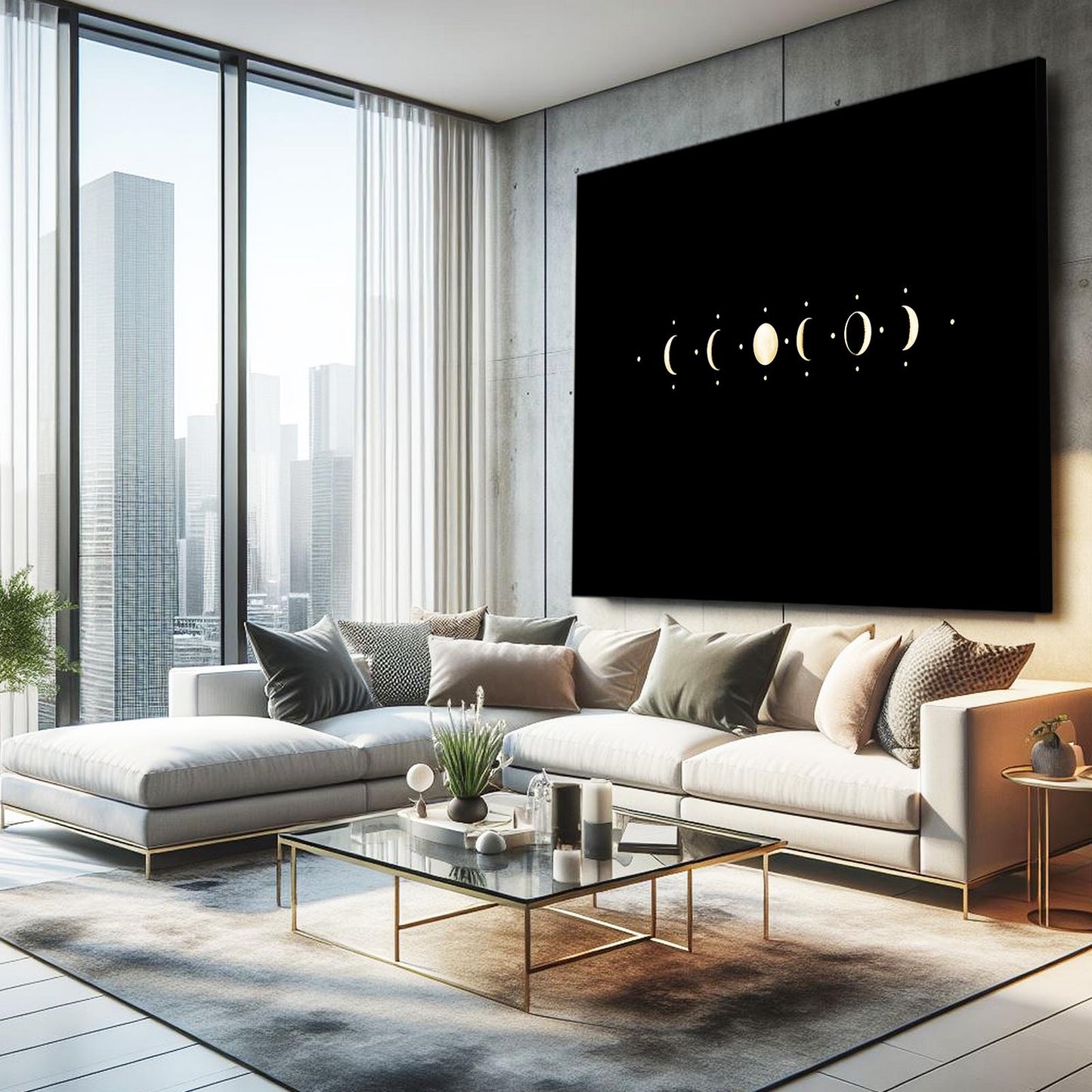Lunar Phase Row Gold Canvas – styled in a furnished interior