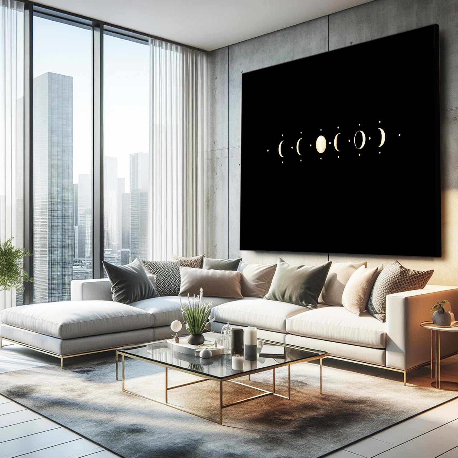 Lunar Phase Row Gold Canvas – styled in a furnished interior