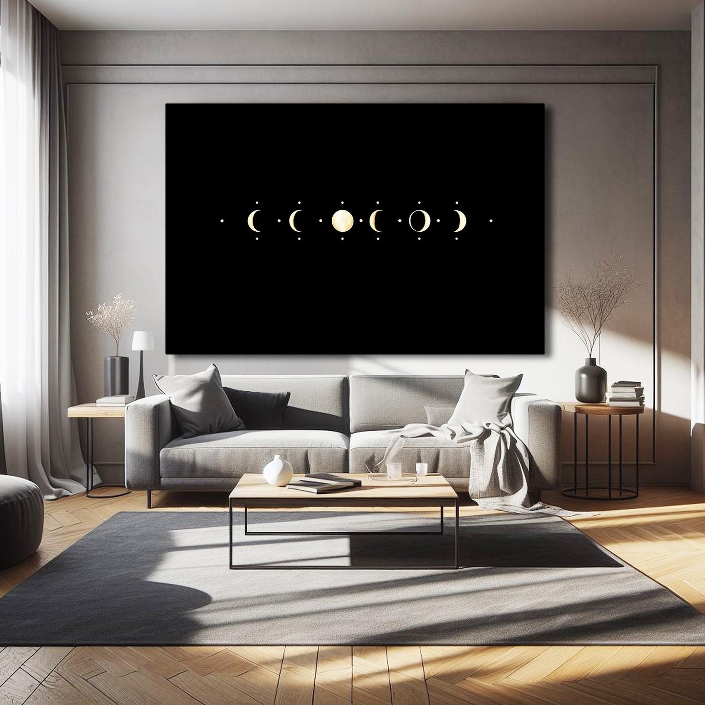 Lunar Phase Row Gold Canvas – styled in a furnished interior