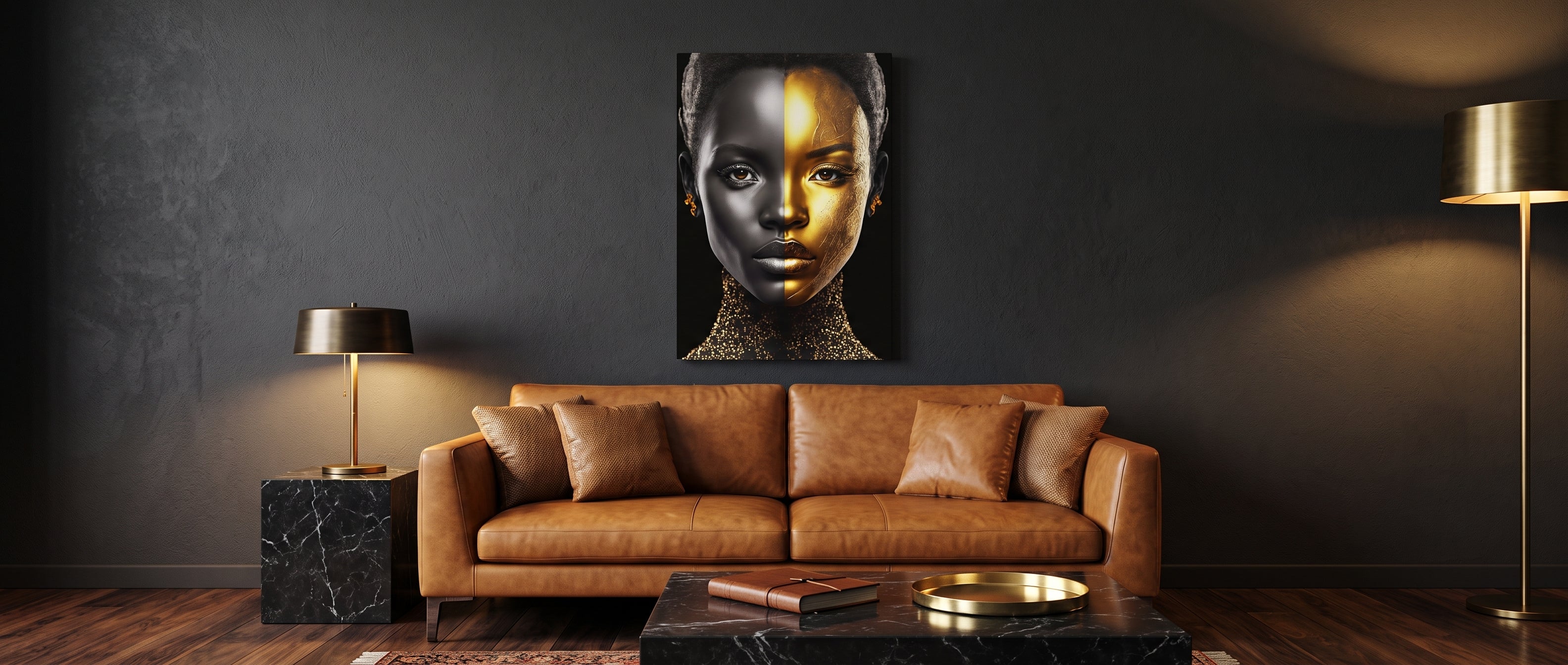 Black and gold woman portrait canvas above a cognac leather sofa in a dark luxury living room