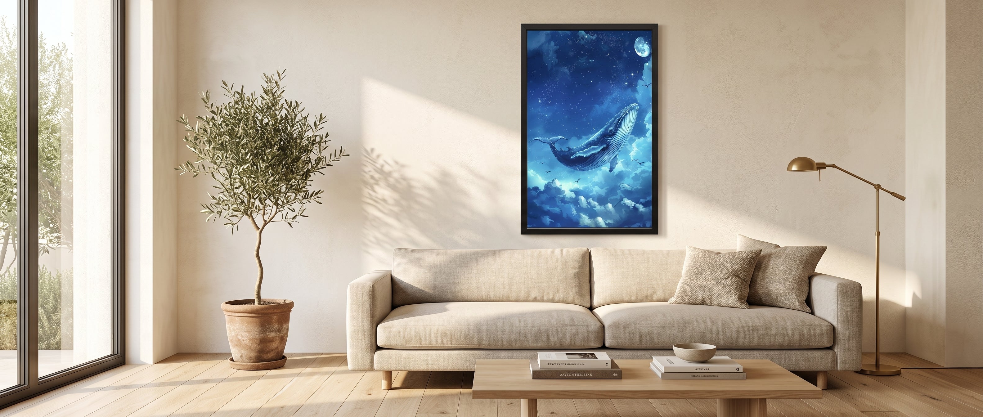 Blue whale canvas print in a black frame above a beige sofa in a bright modern living room