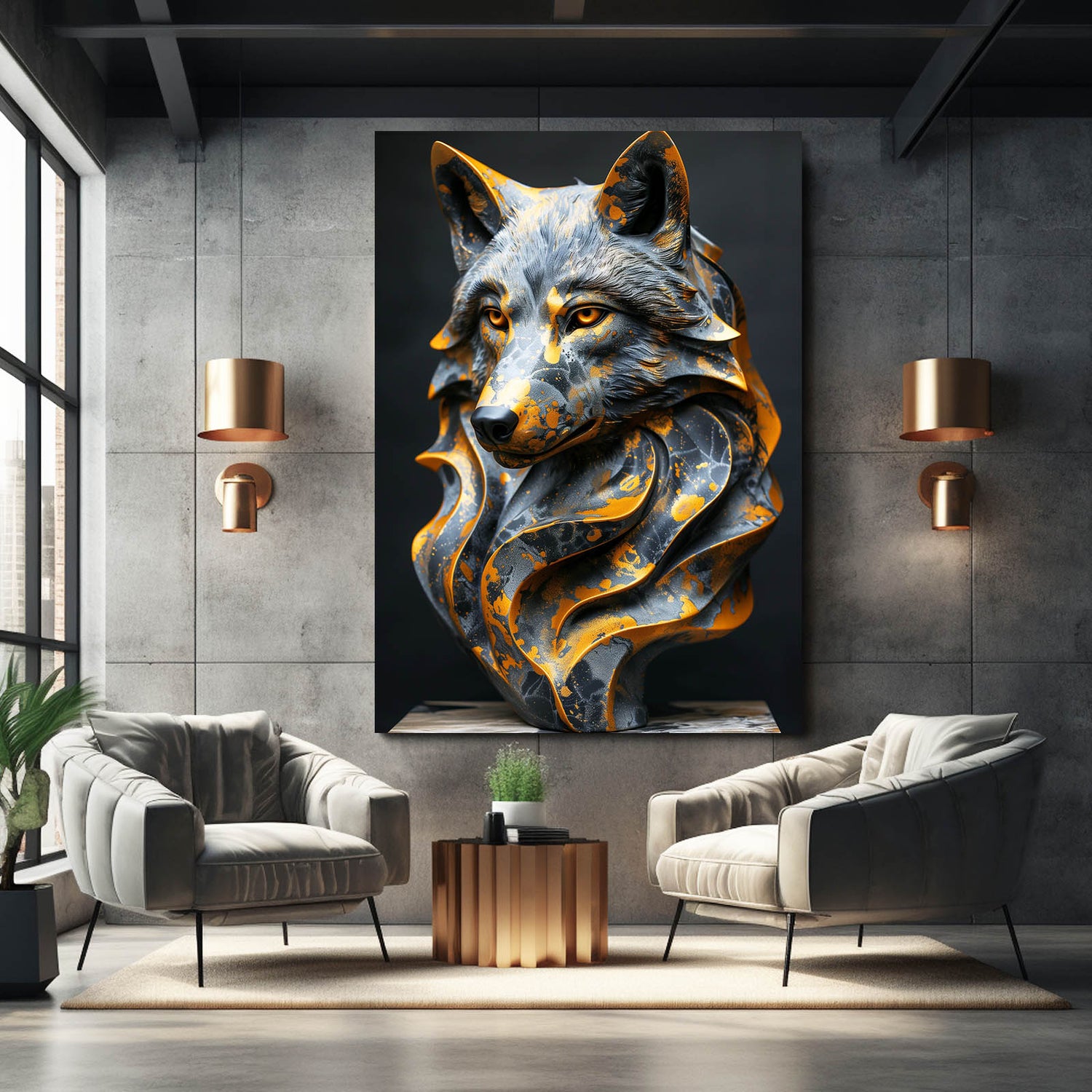 Large gray and gold wolf canvas in an industrial loft lounge with concrete walls