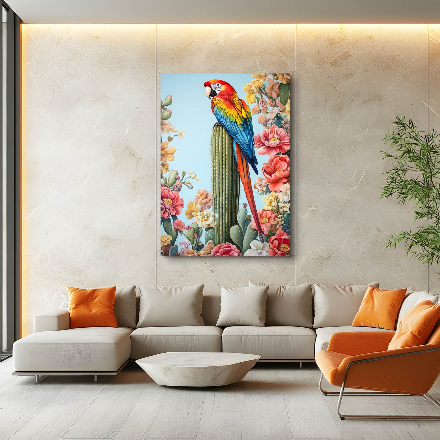 Macaw On Bloom Cactus Wall Art – styled in a furnished interior