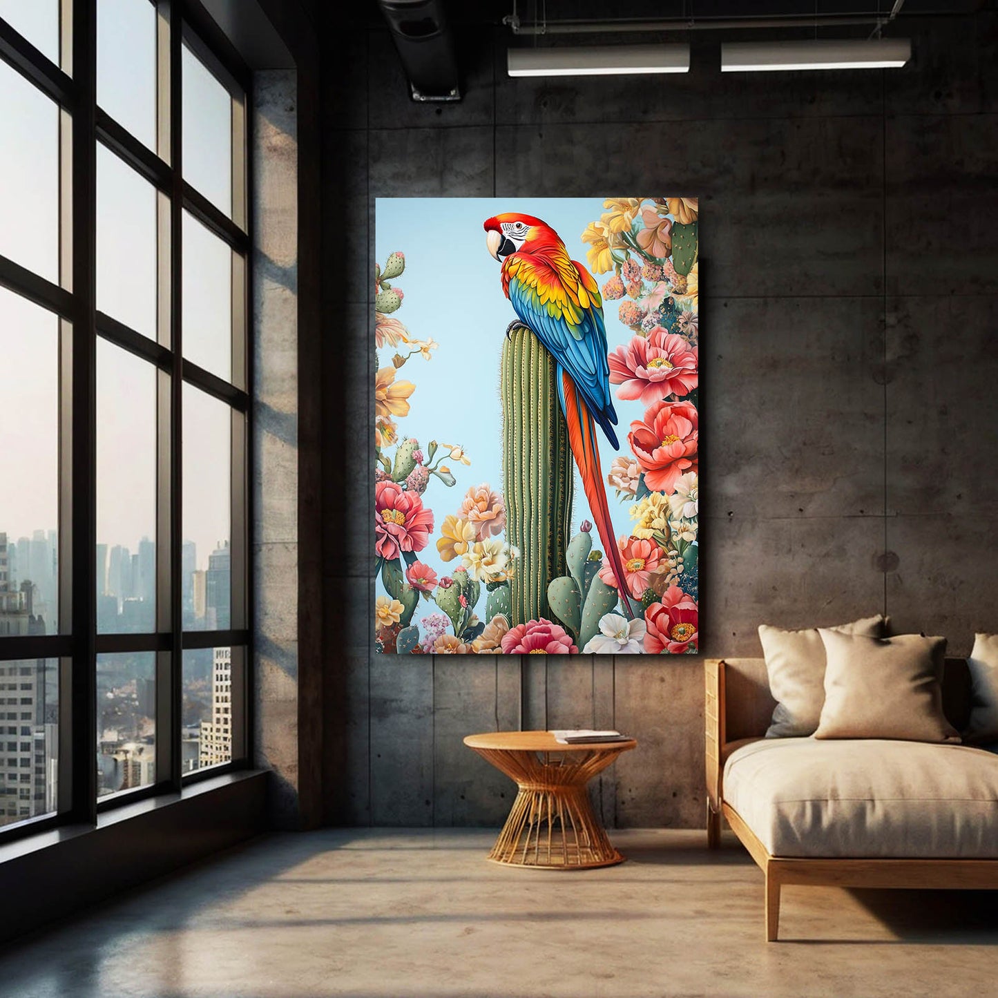 Macaw On Bloom Cactus Wall Art – styled in a furnished interior