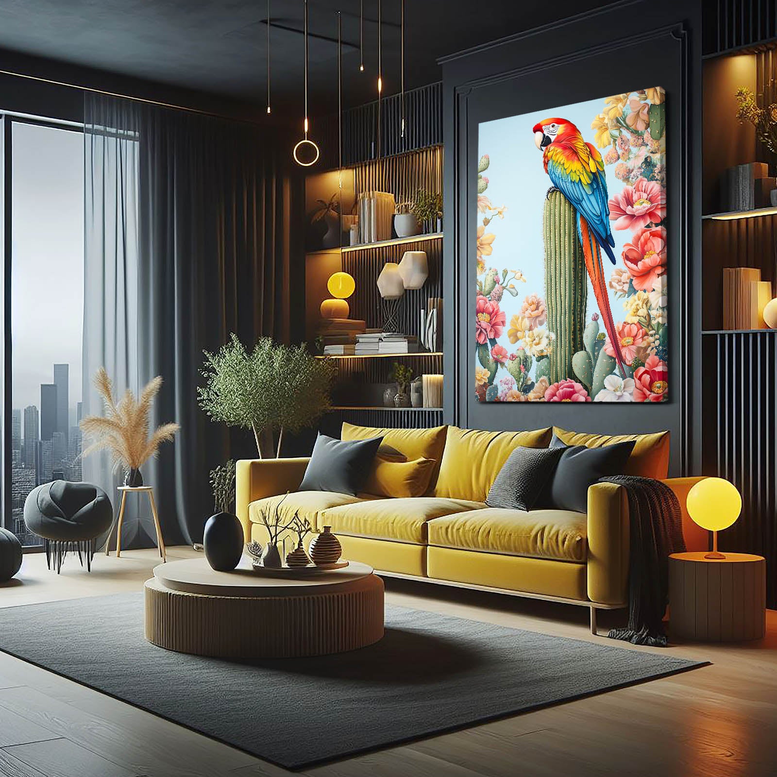 Macaw On Bloom Cactus Wall Art – styled in a furnished interior