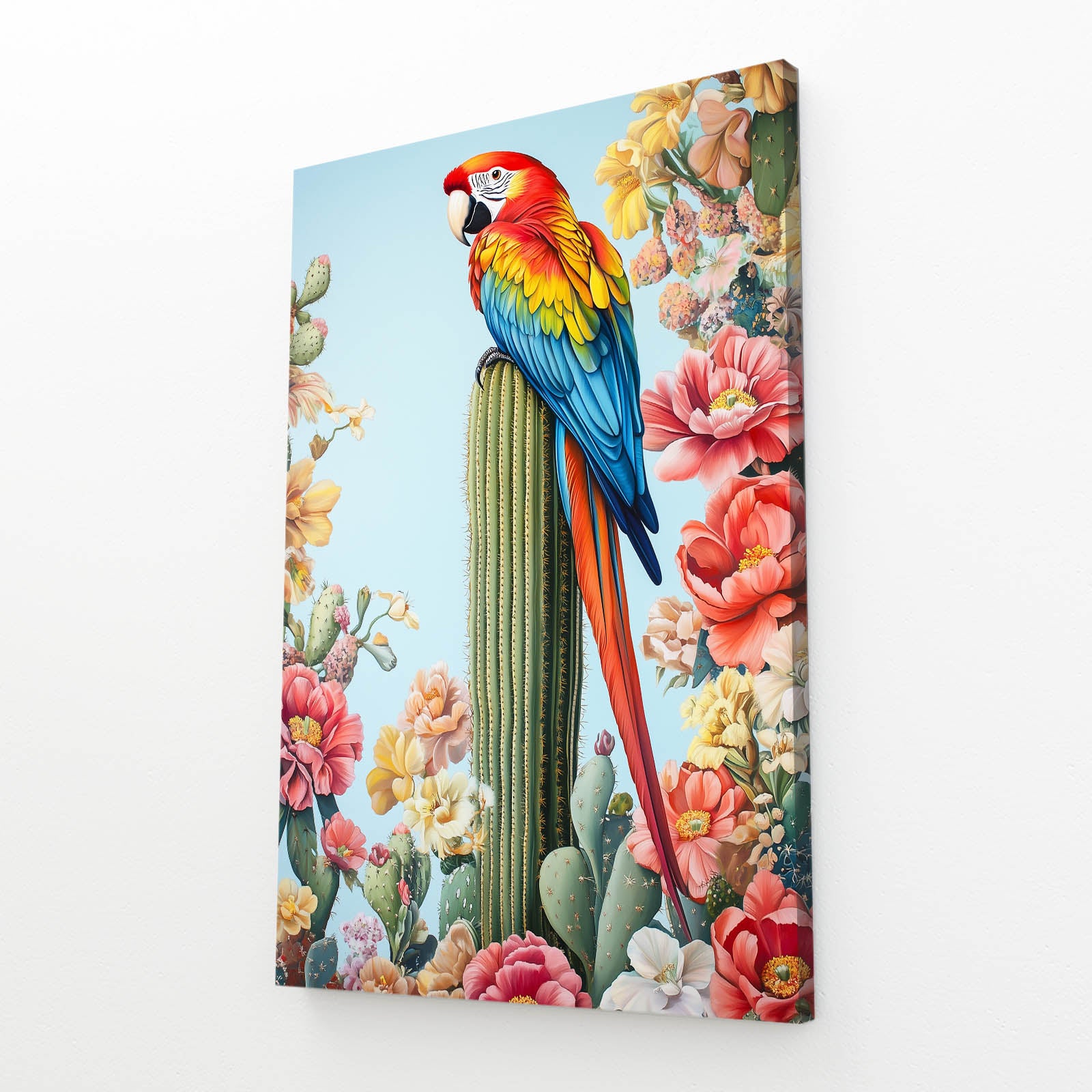 Macaw On Bloom Cactus Wall Art – angled canvas view on white background