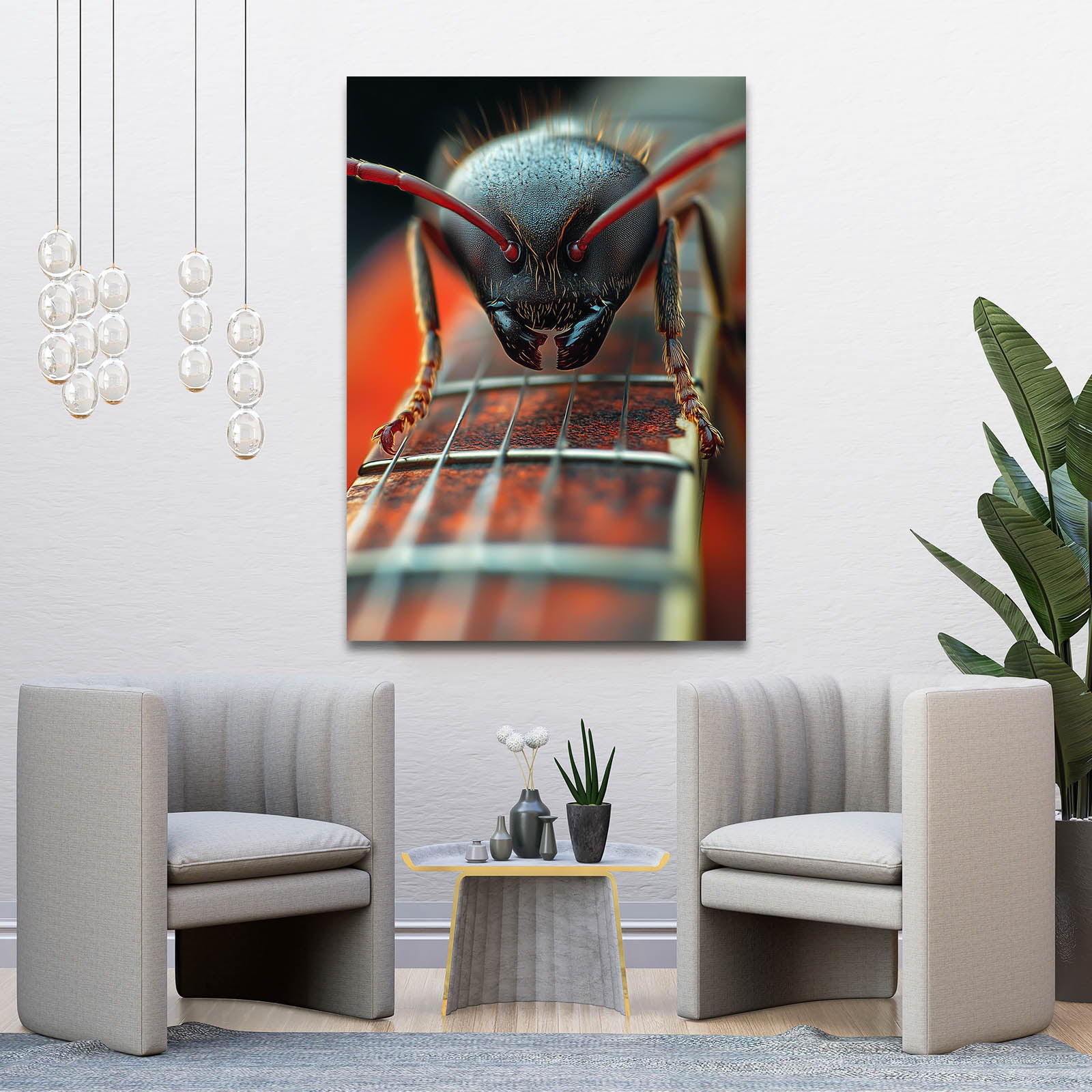 Macro Ant Strings Cool Canvas — photography canvas print, styled in a furnished interior