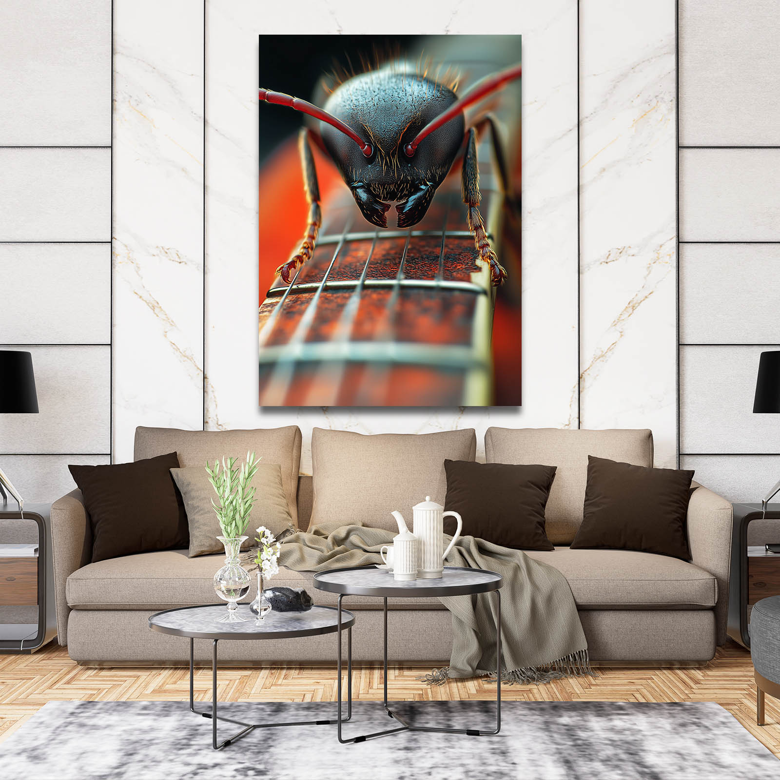 Macro Ant Strings Cool Canvas — photography canvas print, styled in a furnished interior