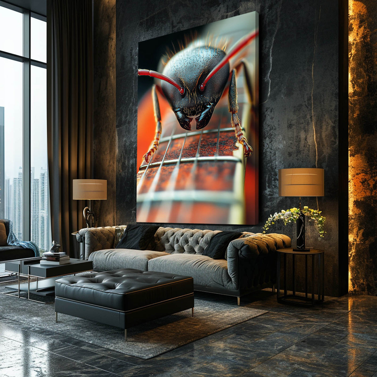 Macro Ant Strings Cool Canvas — photography canvas print, styled in a furnished interior