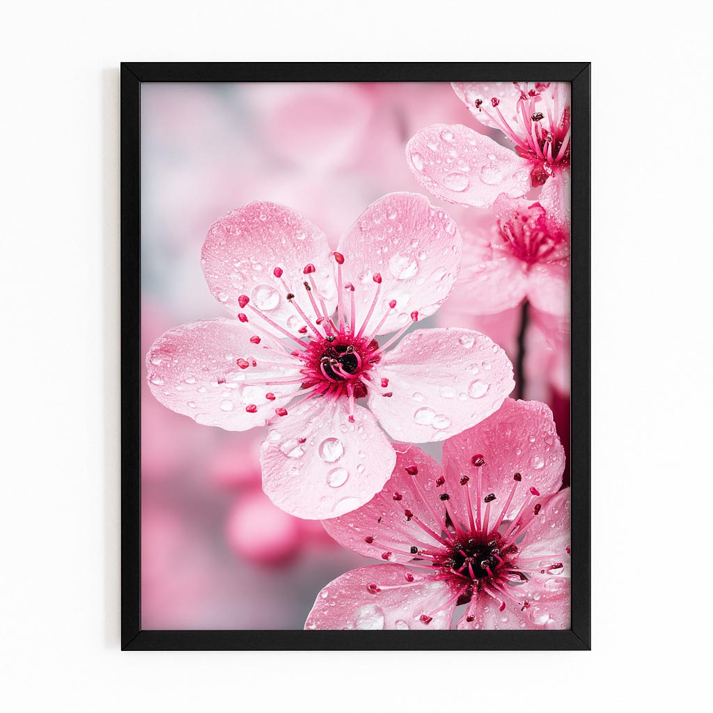 Macro Pink Flower Cherry Blossom Art – with Premium Black frame on white background