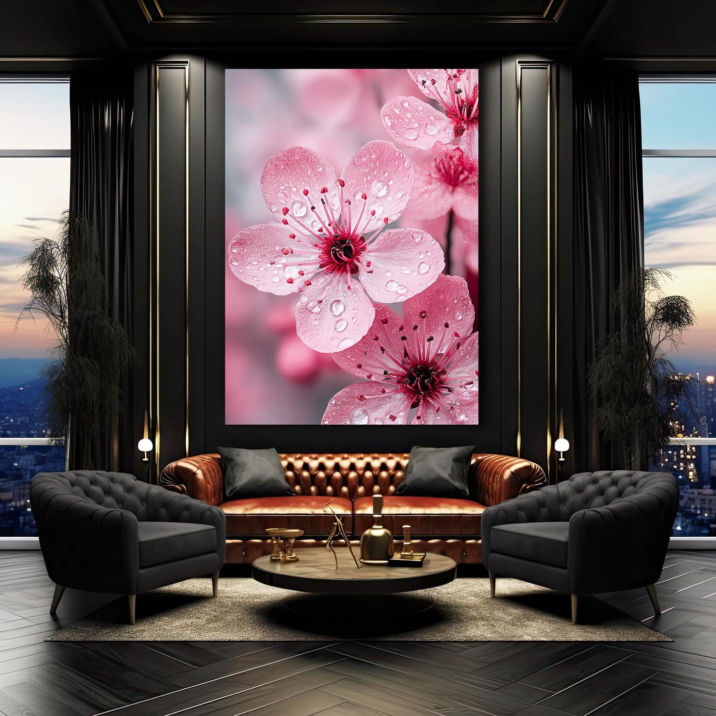 Macro Pink Flower Cherry Blossom Art – styled in a furnished interior