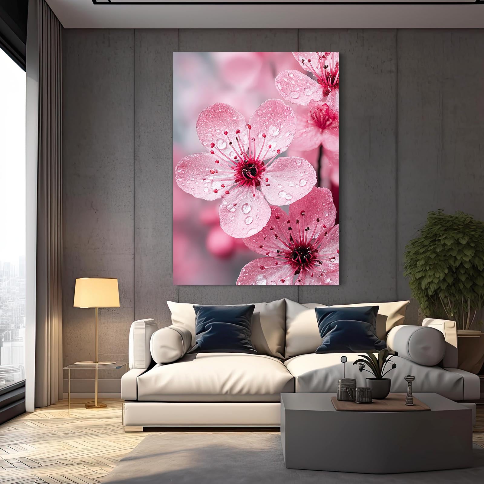 Macro Pink Flower Cherry Blossom Art – styled in a furnished interior