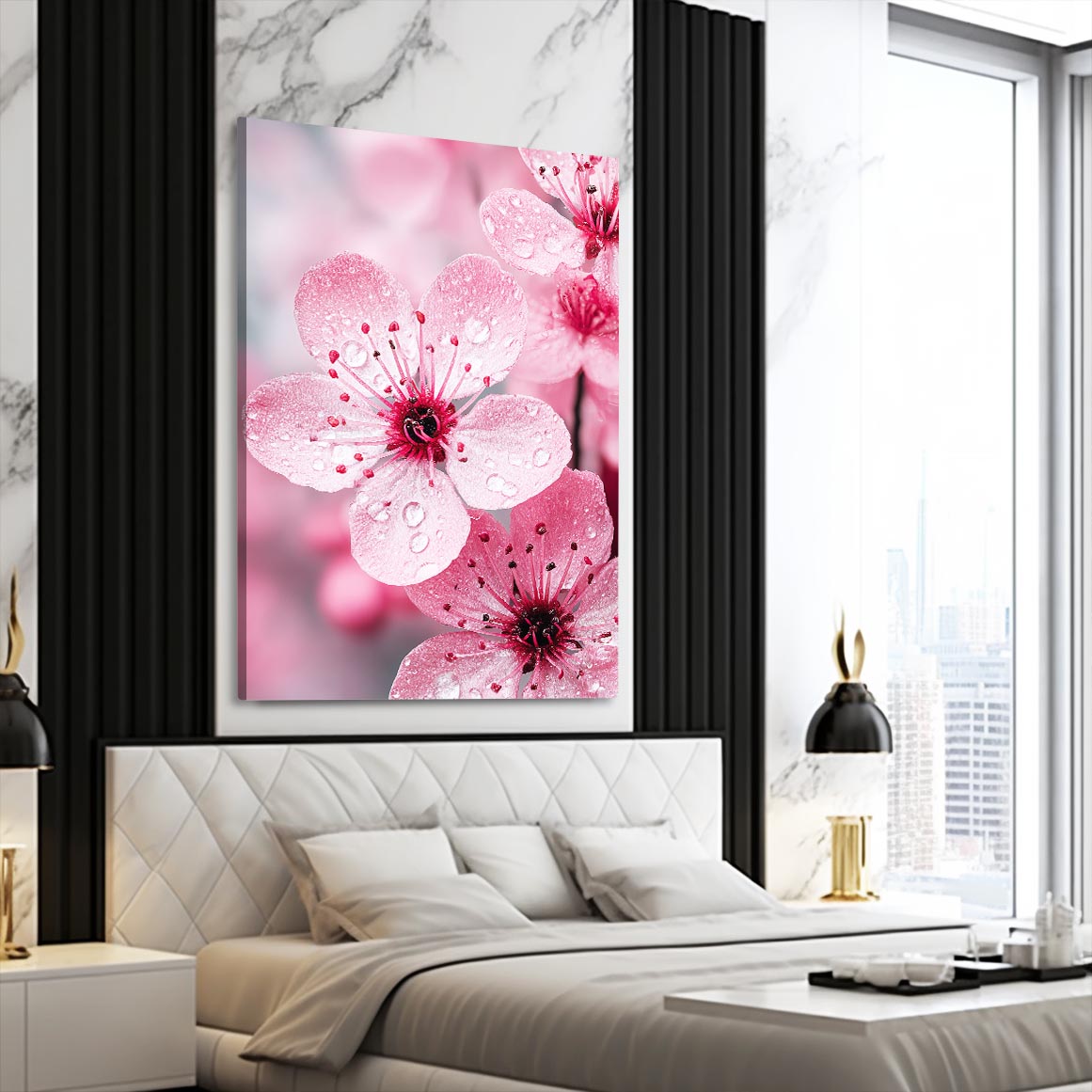Macro Pink Flower Cherry Blossom Art – styled in a furnished interior