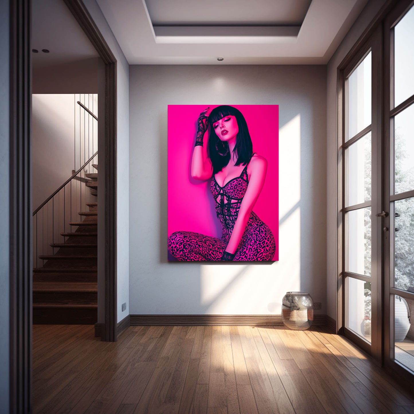 Magenta Fashion Portrait Photography Wall Art – styled in a furnished interior
