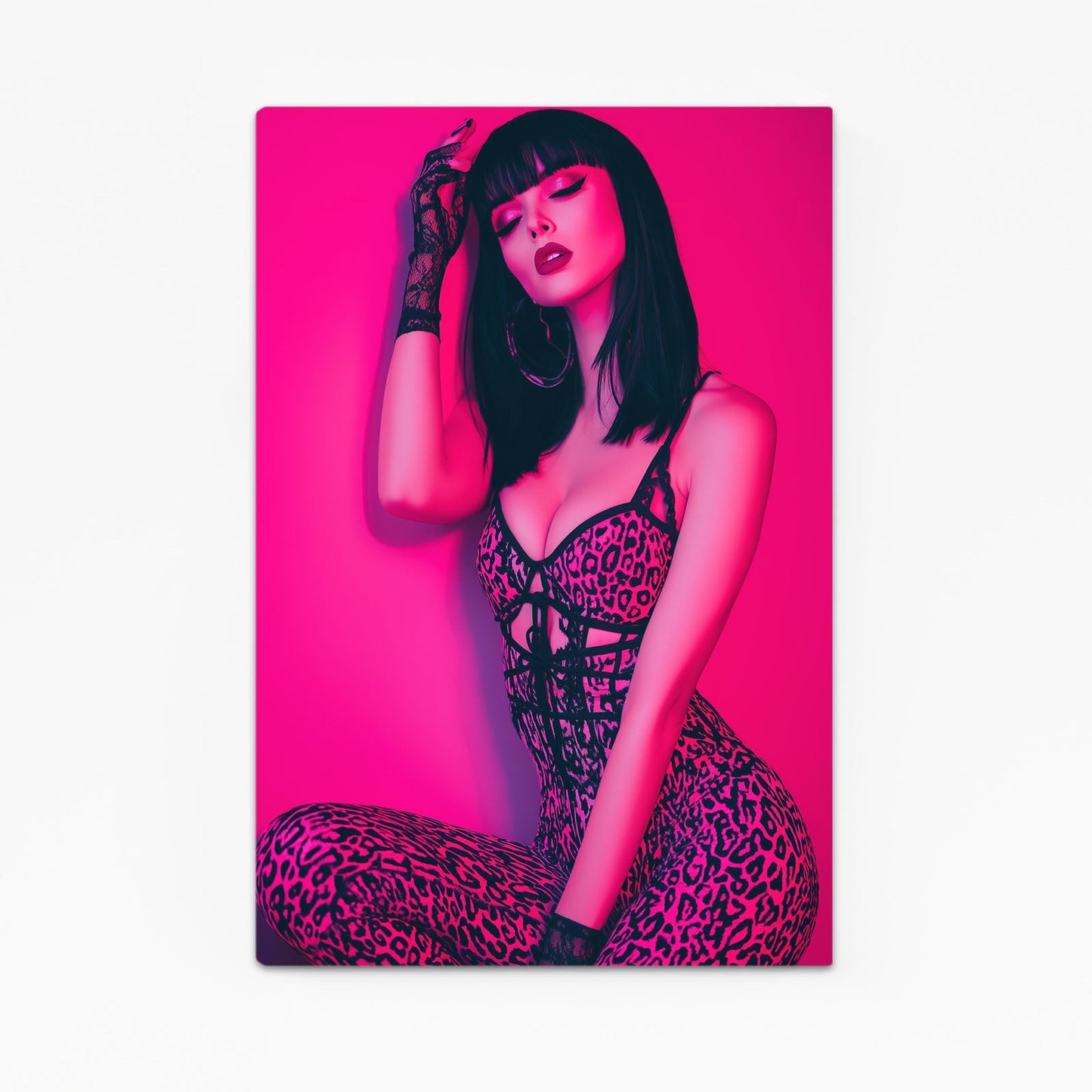 Magenta Leopard Pink Photography Art Prints – dark-haired woman in leopard outfit on magenta background