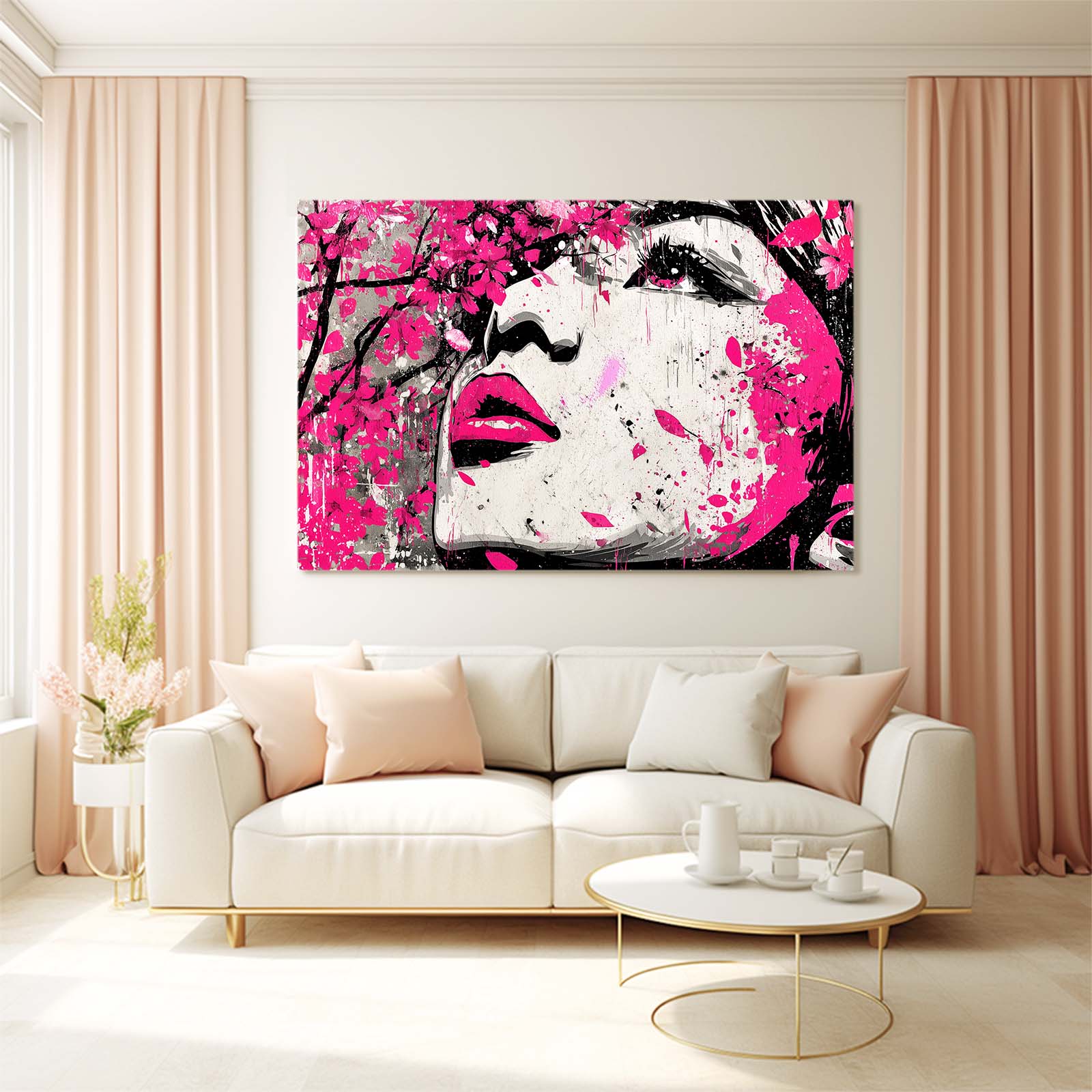 Magenta Pop Portrait Cherry Blossom Prints – styled in a furnished interior