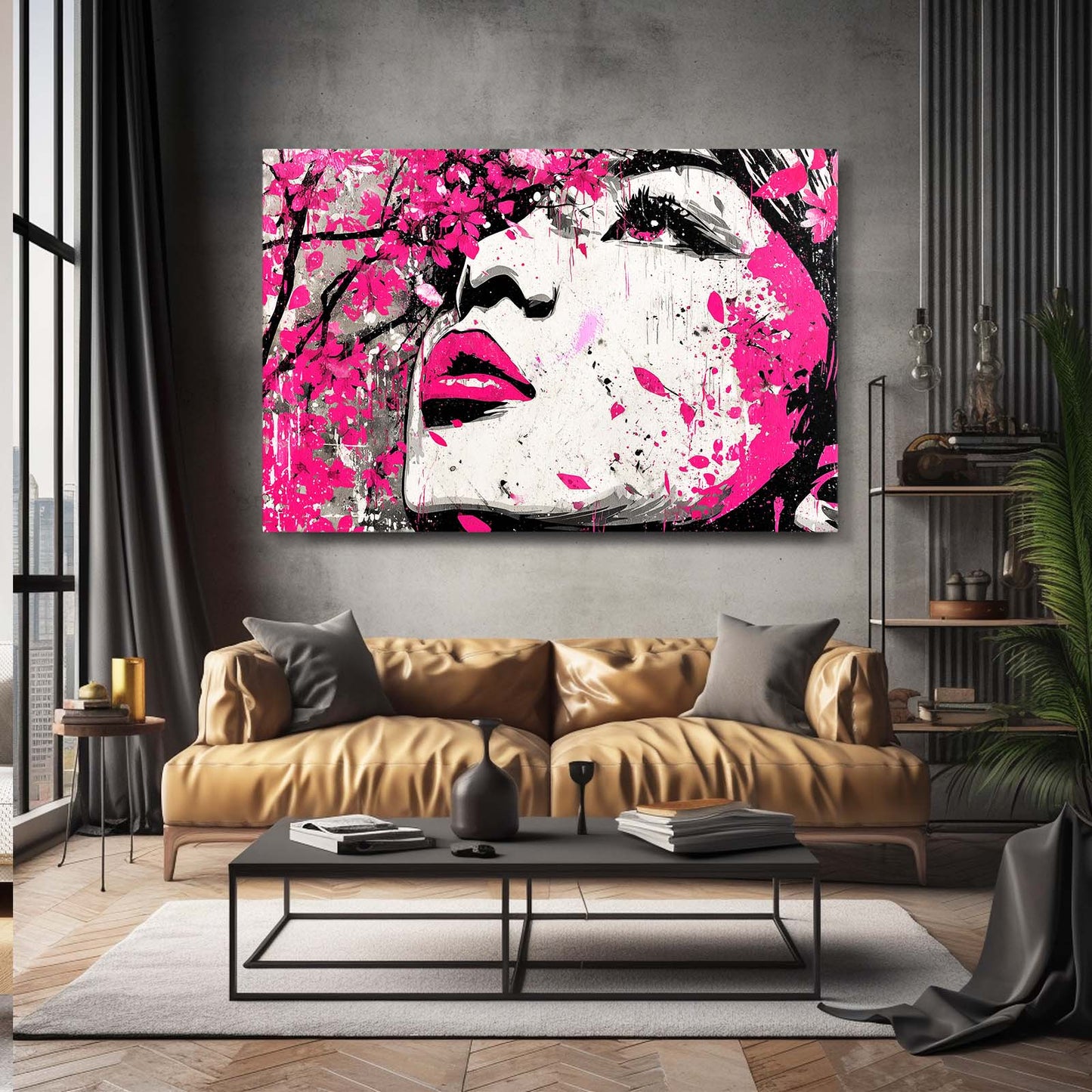 Magenta Pop Portrait Cherry Blossom Prints – styled in a furnished interior