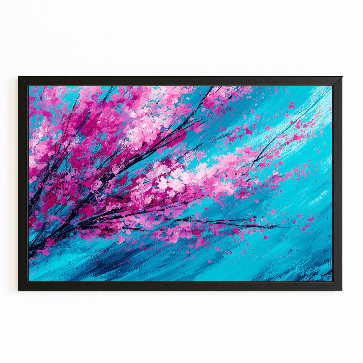 Magenta Turquoise Branch Cherry Blossom Prints – with Premium Black frame on white background