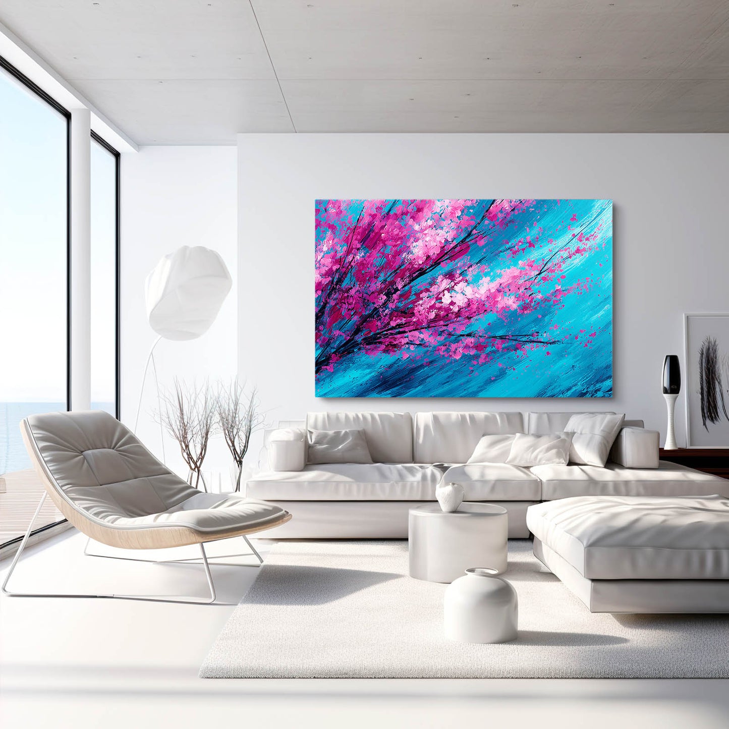Magenta Turquoise Branch Cherry Blossom Prints – styled in a furnished interior