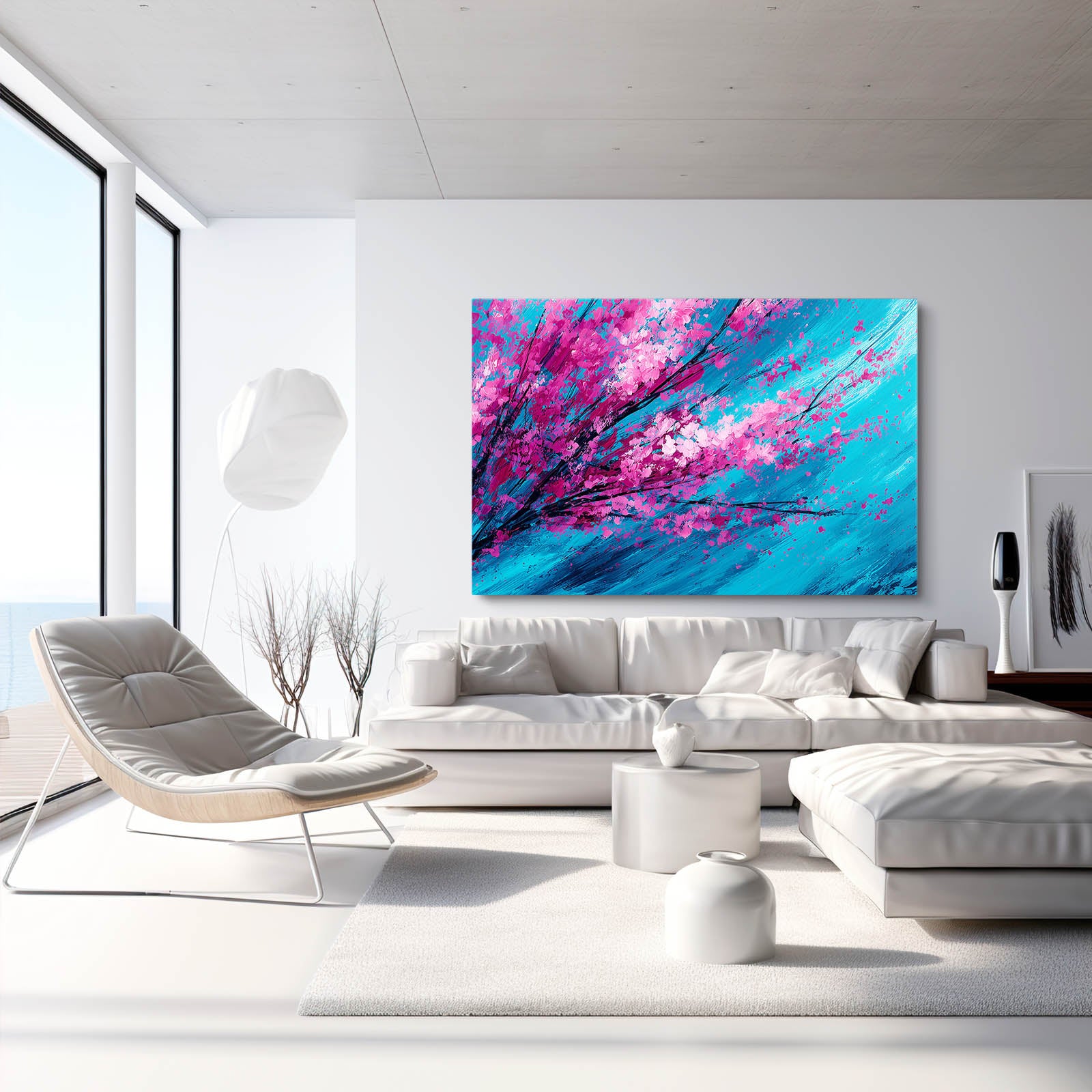 Magenta Turquoise Branch Cherry Blossom Prints – styled in a furnished interior