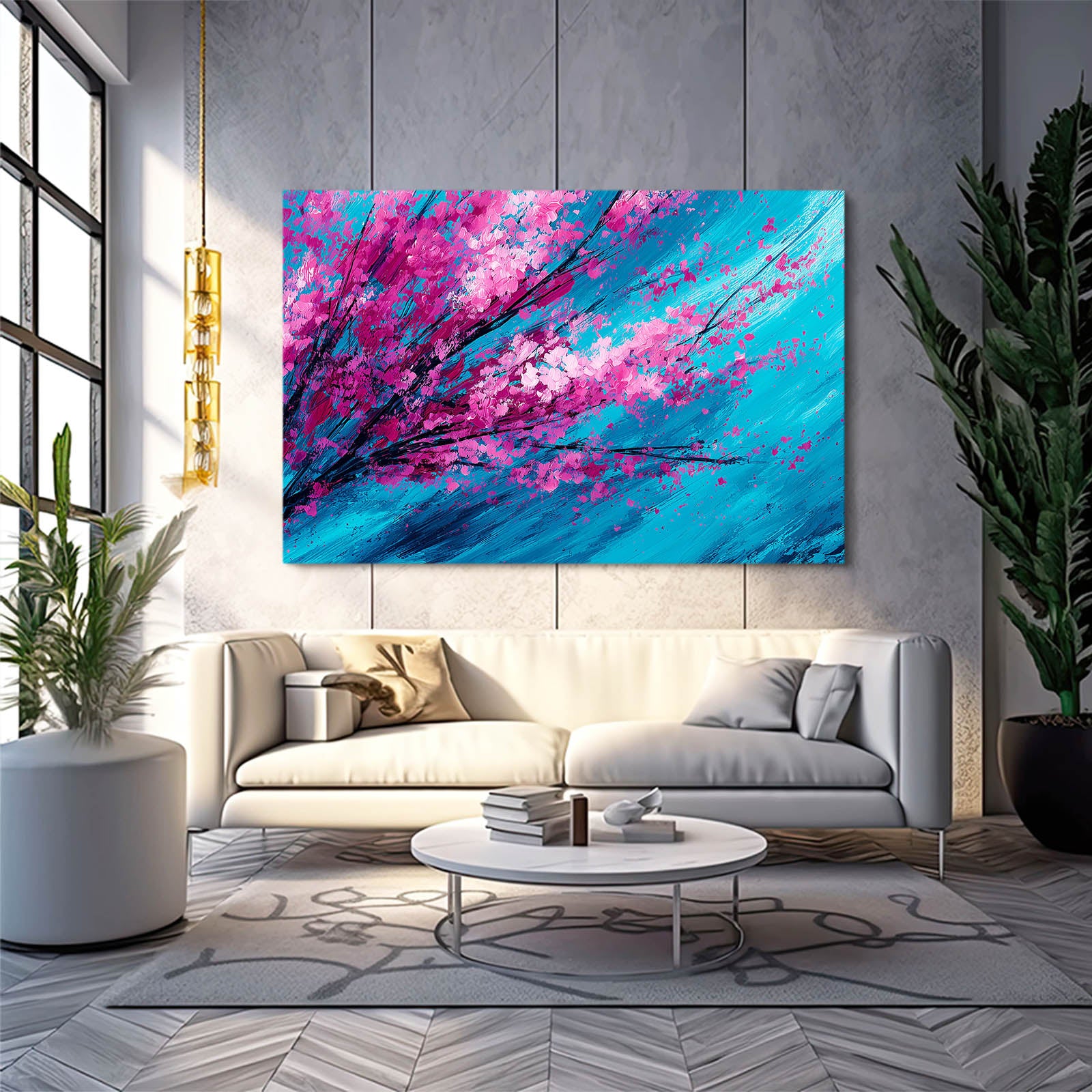 Magenta Turquoise Branch Cherry Blossom Prints – styled in a furnished interior