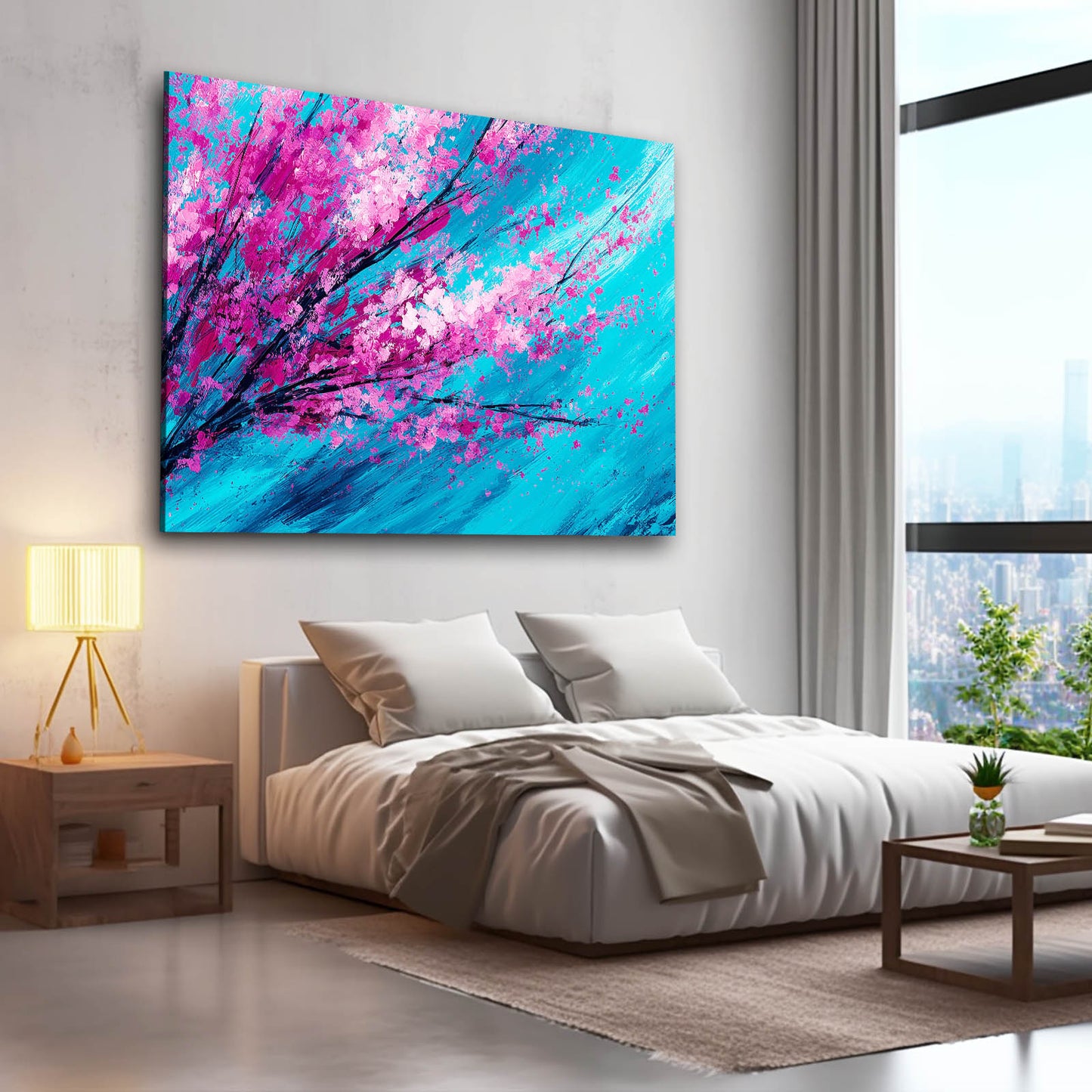 Magenta Turquoise Branch Cherry Blossom Prints – styled in a furnished interior