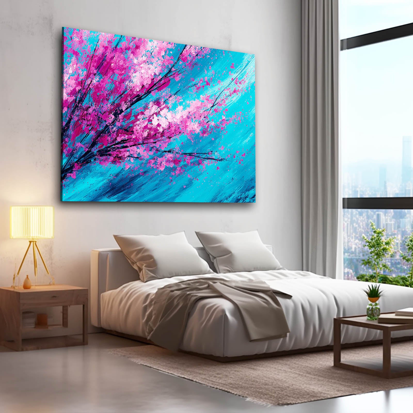 Magenta Turquoise Branch Cherry Blossom Prints – styled in a furnished interior