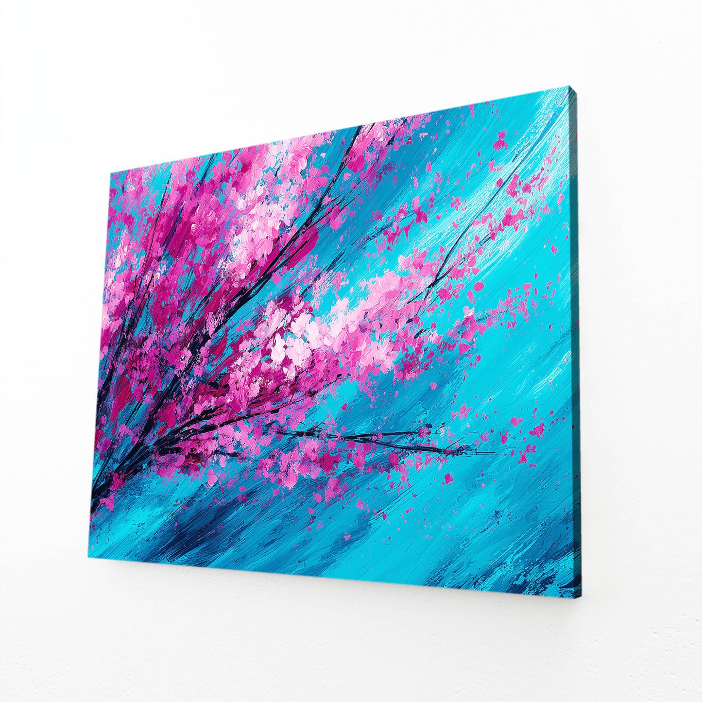 Magenta Turquoise Branch Cherry Blossom Prints – angled canvas view on white background
