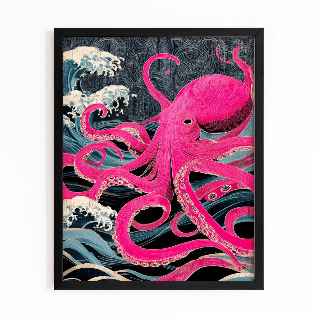 Magenta Wave Rise Octopus Art – with Premium Black frame on white background