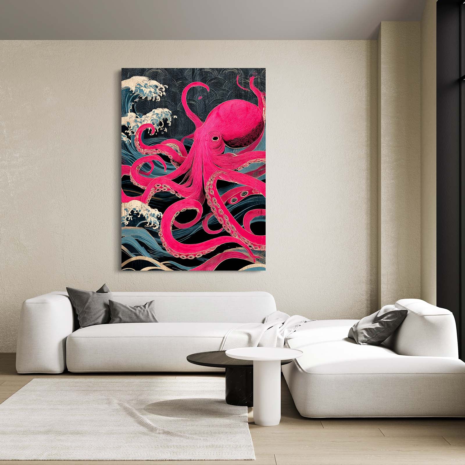 Magenta Wave Rise Octopus Art – styled in a furnished interior