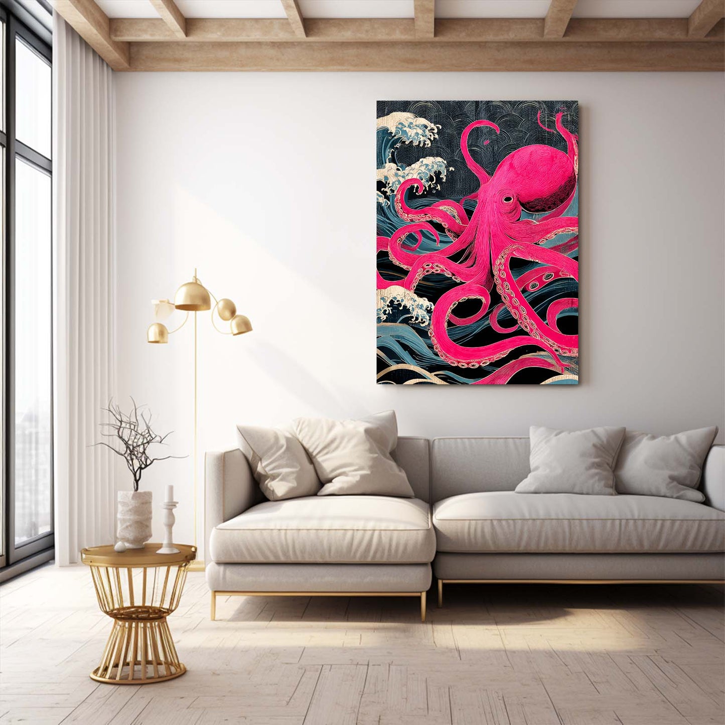 Magenta Wave Rise Octopus Art – styled in a furnished interior
