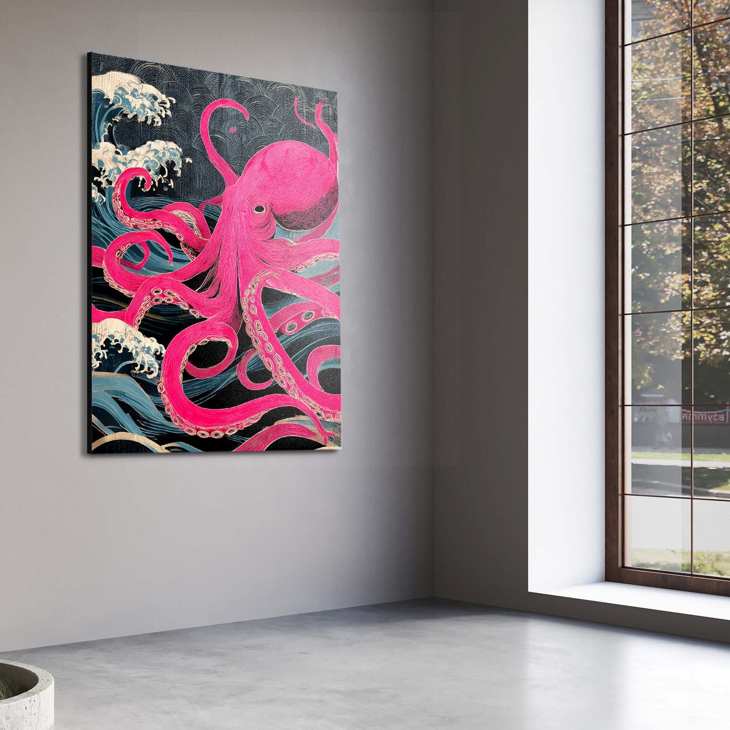 Magenta Wave Rise Octopus Art – styled in a furnished interior