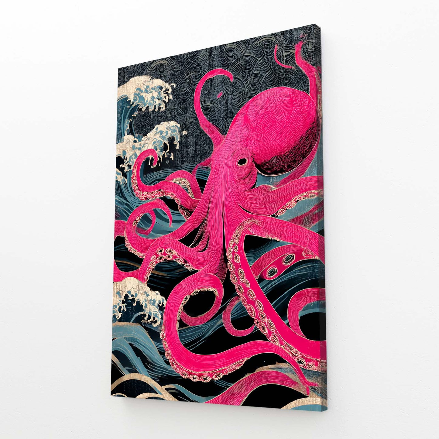 Magenta Wave Rise Octopus Art – angled canvas view on white background